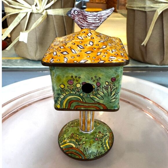 Adorable Empress Arts Enamel metal bird house; trinket box top lid 1999 so cute - Picture 1 of 6